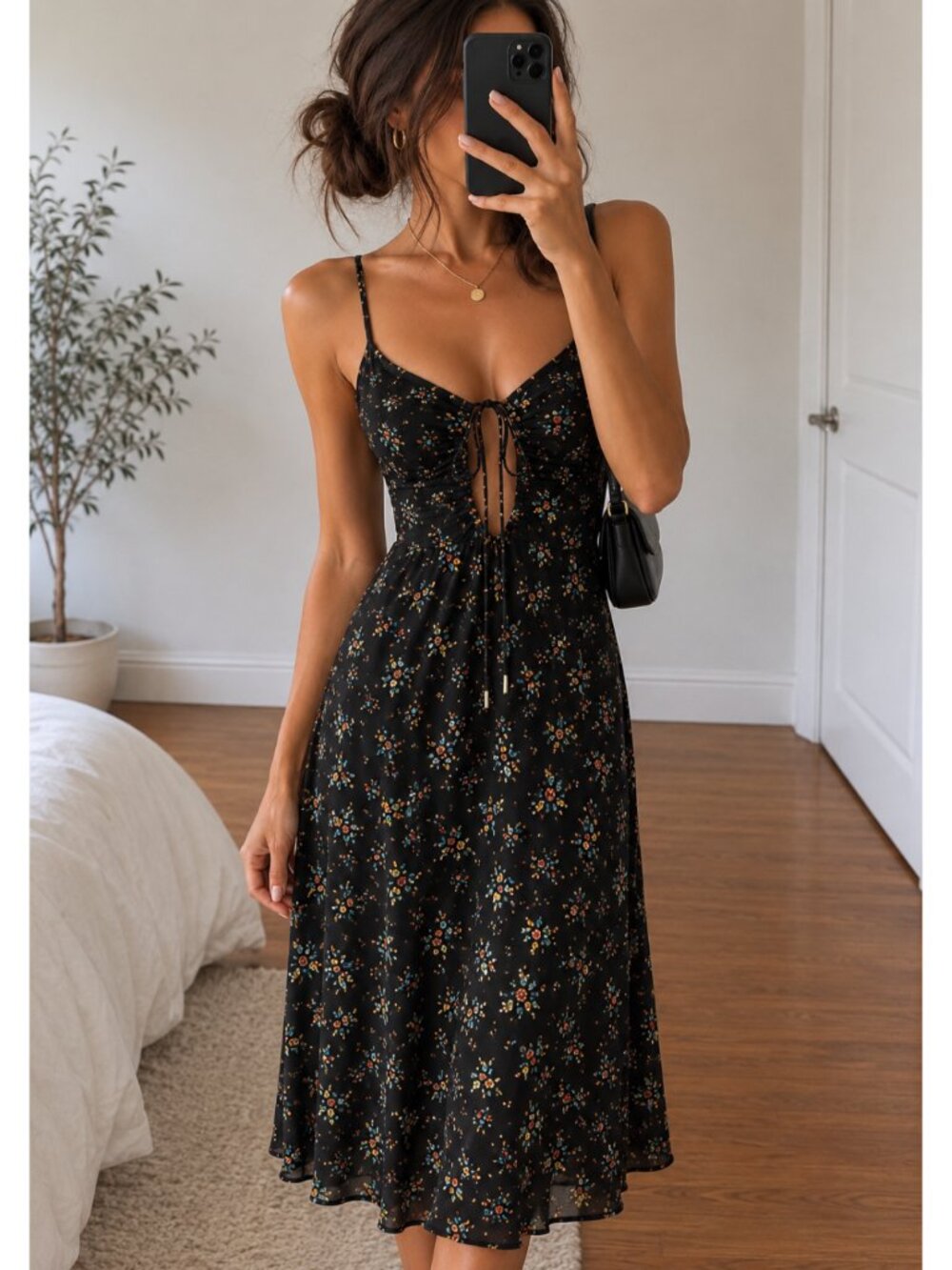 AFRM Cora Keyhole Floral Midi Dress Small Black Ditsy Floral Sold Out $118